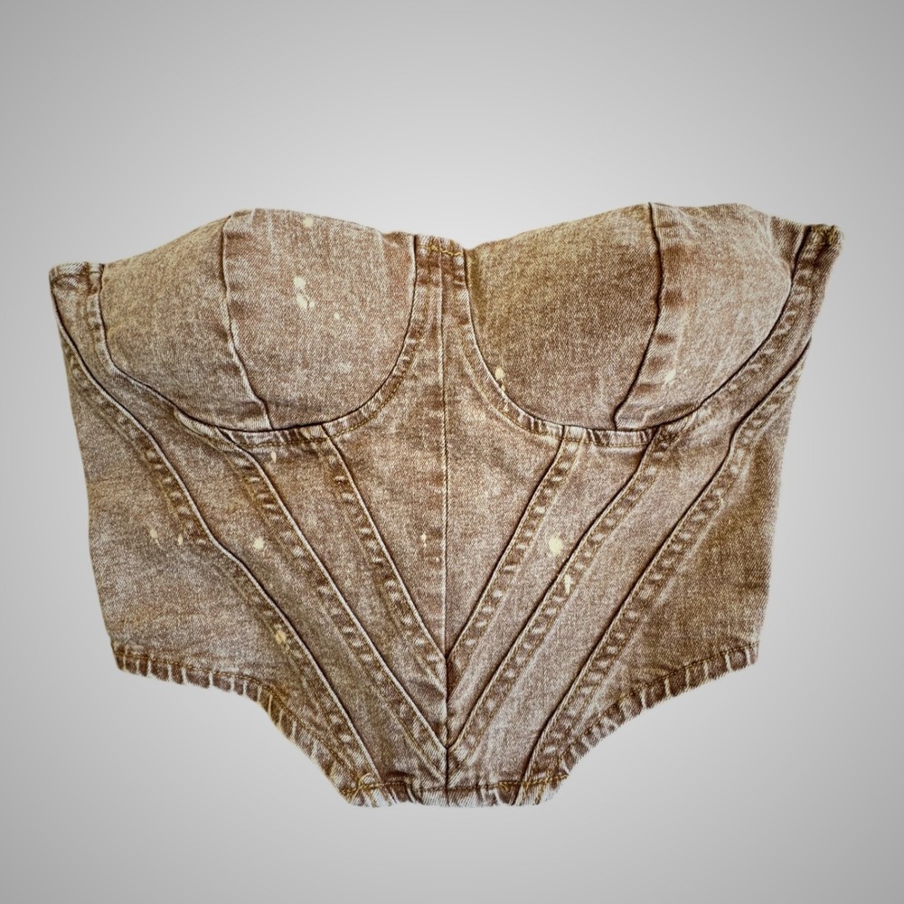 Windsor Brown Acid Wash Denim Corset Top Lace Up Bustier MT3643WS Womens Medium